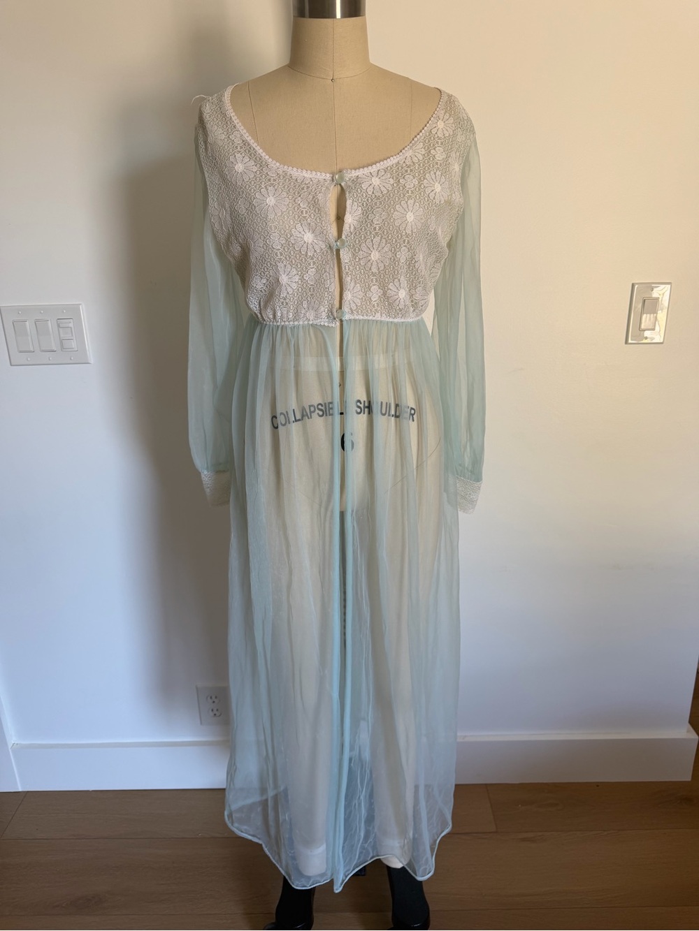 Sheer Lace-Top Long Nightgown - Pale Blue/Cream